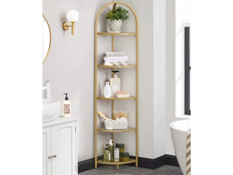 Vasagle Eckregal 5 Ebenen Hartglas 28 cm x 28 cm x 158 cm Gold