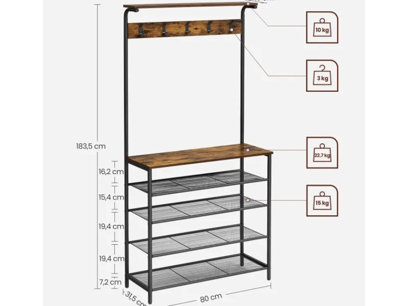 Vasagle Garderobenständer 5 Ebenen 32,2 cm x 80 cm x 182 cm Braun-Schwarz