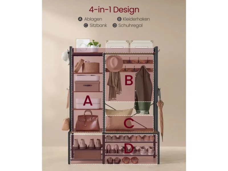 Vasagle Garderobenständer mit Stauraum 40 cm x 120 cm x 190 cm Braun-Schwarz