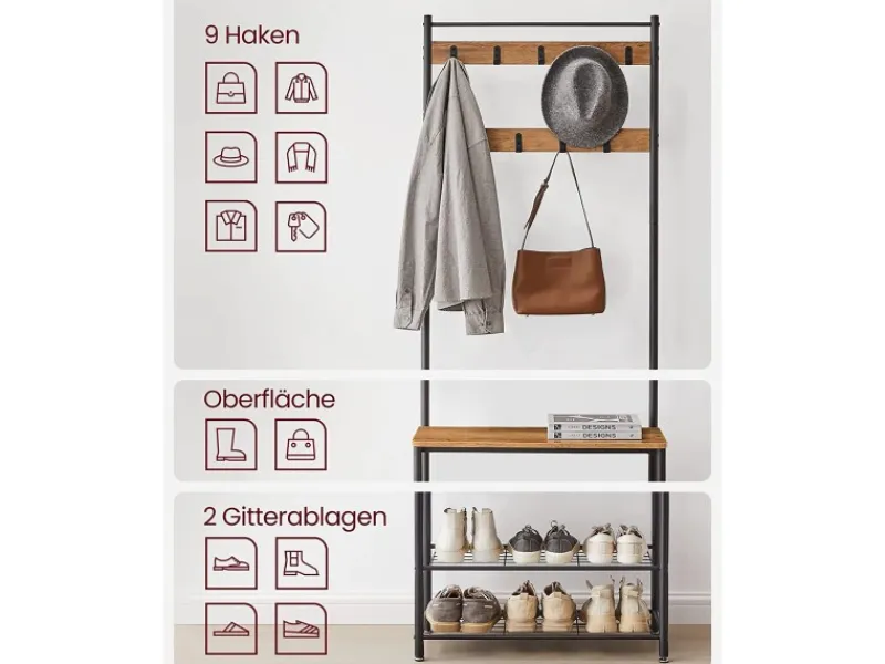 Clearance Vasagle Garderobenständer 32 cm x 70 cm x 177 cm Braun-Schwarz