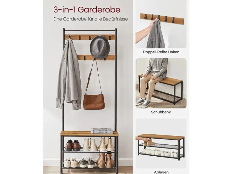 Clearance Vasagle Garderobenständer 32 cm x 70 cm x 177 cm Braun-Schwarz