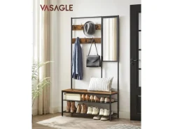 New Vasagle Garderobenständer Spiegel und Sitzbank 35 x 98 x 180 cm Braun-Schwarz
