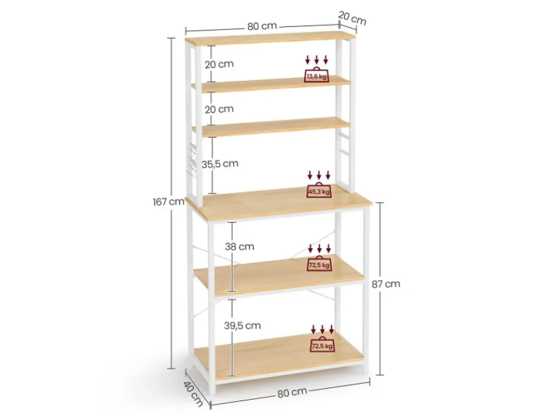 Sale Vasagle Küchenregal Stahl 40 cm x 80 cm x 167 cm Eichefarben-Weiß