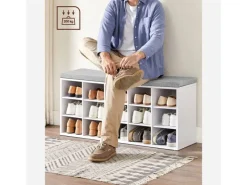 Hot Vasagle Schuhbank mit Sitzkissen 30 cm x 105 cm x 48 cm Weiß-Grau