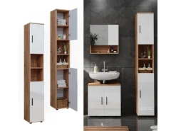 Vicco Badschrank Irma Eiche/Weiß Hochglanz 30 x 192 cm mit Türen und Offenen Fächern