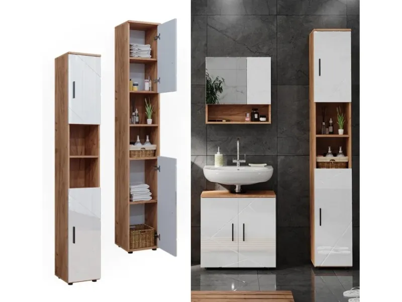 Vicco Badschrank Irma Eiche/Weiß Hochglanz 30 x 192 cm mit Türen und Offenen Fächern