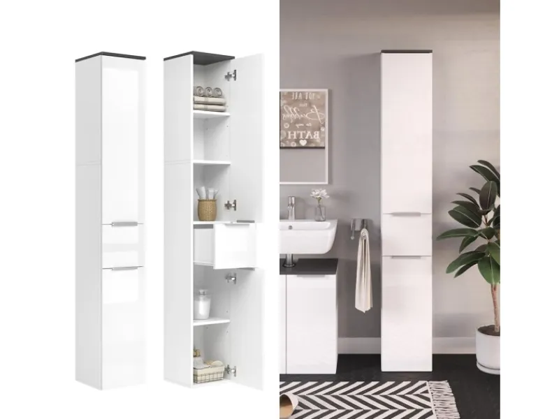 Vicco Badschrank Otis Weiß Hochglanz/Anthrazit 30 x 190 cm