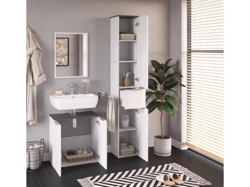 Vicco Badschrank Otis Weiß Hochglanz/Anthrazit 30 x 190 cm