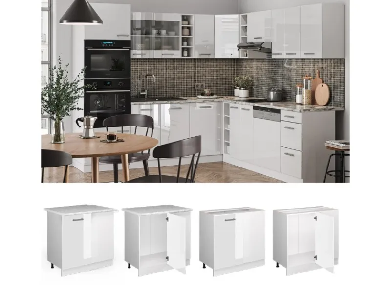 Online Vicco Eckunterschrank R-Line Küchen Eckschrank Hochglanz/ 86 cm AP Marmor Weiß