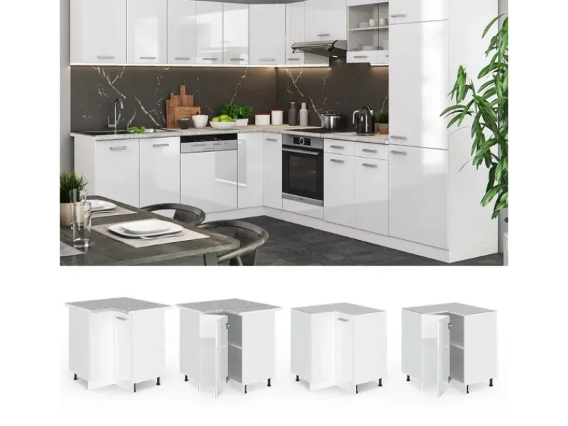 Discount Vicco Eckunterschrank R-Line Küchen Eckschrank Hochglanz/ 76 cm AP Marmor Weiß