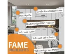 Vicco Fame-Line Küchenschränke Hochglanz/Anthrazit 200 cm AP Eiche ohne E-Geräte Dunkelblau