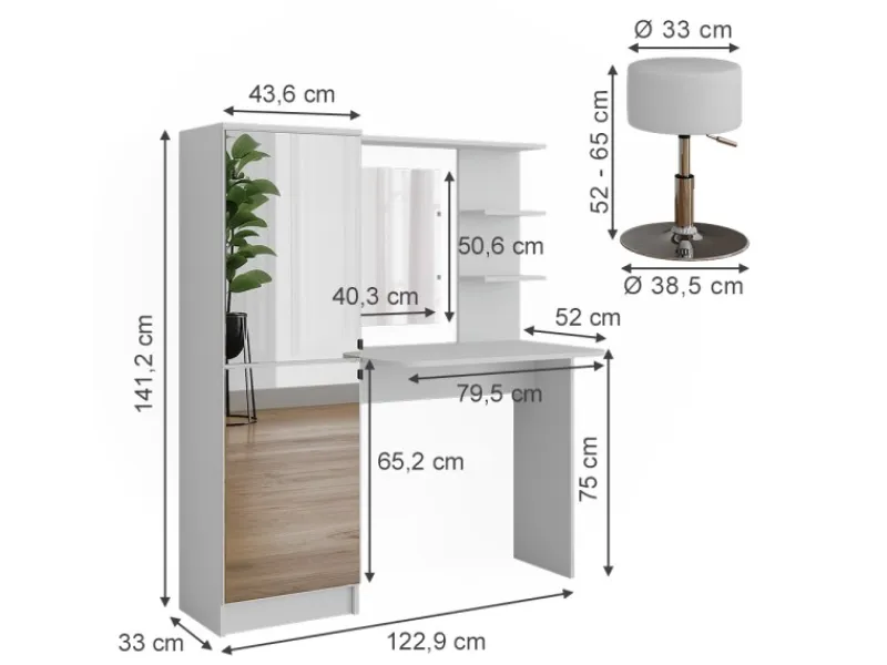 Discount Vicco Frisiertisch Jasmin Weiß 123 x 141.2 cm mit Hocker