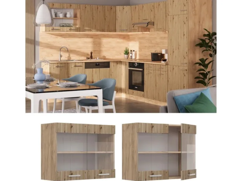 Clearance Vicco Küchenglasschrank R-Line Glashängeschrank Artisan-Eiche/Goldkraft Eiche 80 cm Artisan Eiche