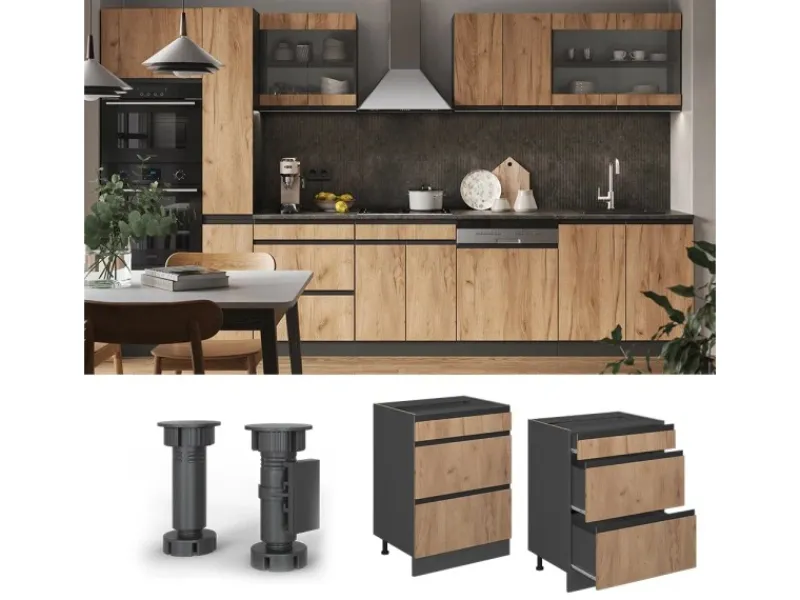 Vicco Küchenunterschrank R-Line Goldkraft /Anthrazit 60 cm J-Shape mit Schubladen ohne Arbeitsplatte