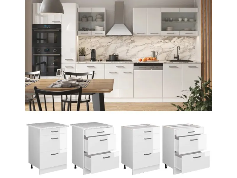 Vicco Küchenunterschrank R-Line Hochglanz/ 60 cm mit Schubladen ohne Arbeitsplatte Weiß