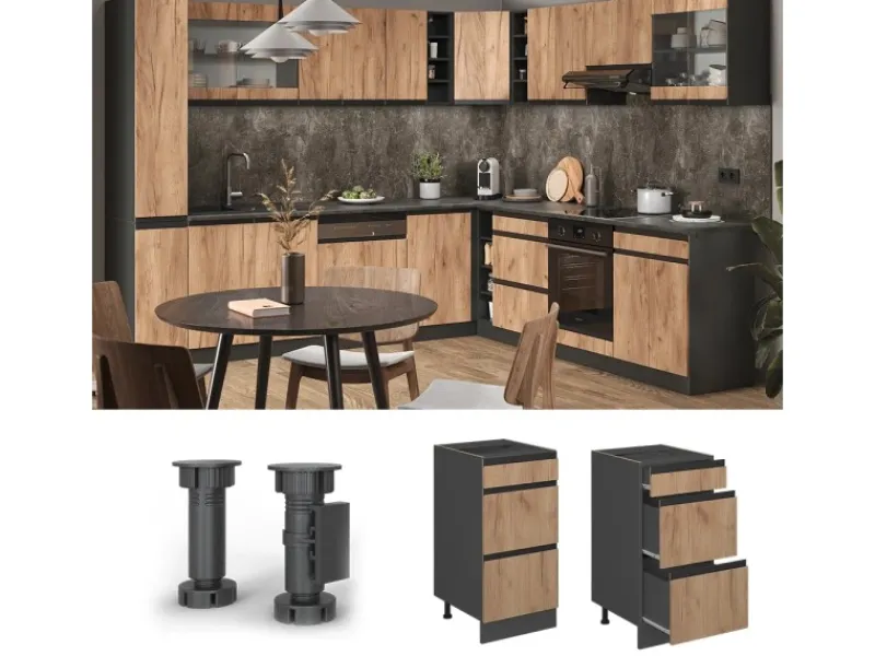 Best Vicco Küchenunterschrank R-Line Goldkraft /Anthrazit 40 cm J-Shape mit Schubladen ohne Arbeitsplatte Eiche