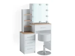 Vicco Schminktisch Conrada Weiß/Sonoma/Sonoma 36 cm mit LED Beleuchtung und Hocker