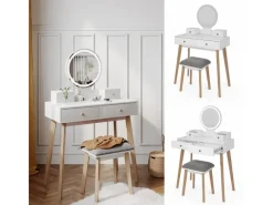 Vicco Schminktisch Finya Weiß 80 cm mit LED Spiegel und Hocker