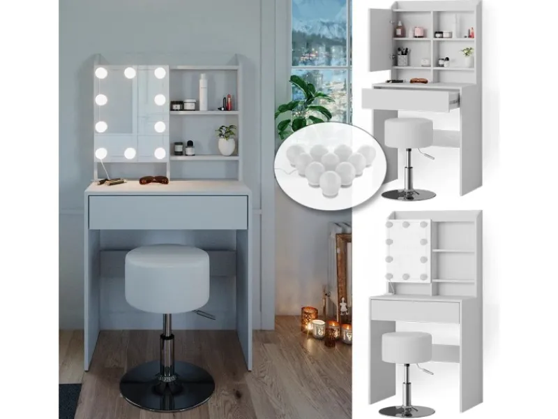 Vicco Schminktisch Laura Weiß 70 cm mit LED Beleuchtung und Hocker