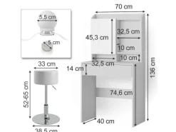 Vicco Schminktisch Laura Weiß 70 cm mit LED Beleuchtung und Hocker