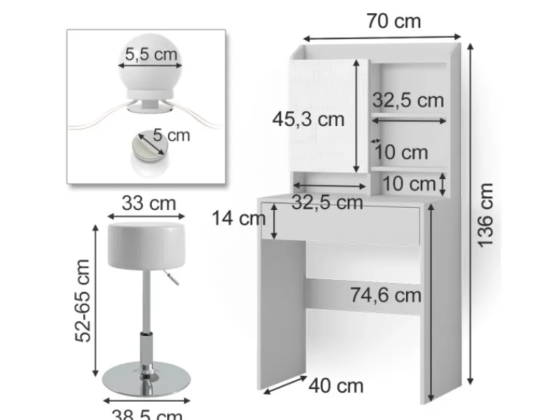 Vicco Schminktisch Laura Weiß 70 cm mit LED Beleuchtung und Hocker