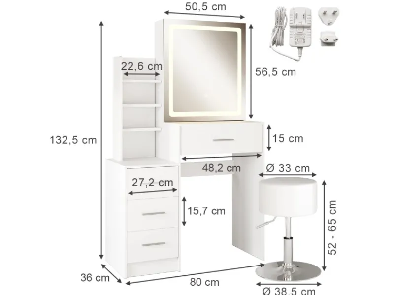 Online Vicco Schminktisch Lisca Weiß 80 cm mit LED-Spiegel und Hocker