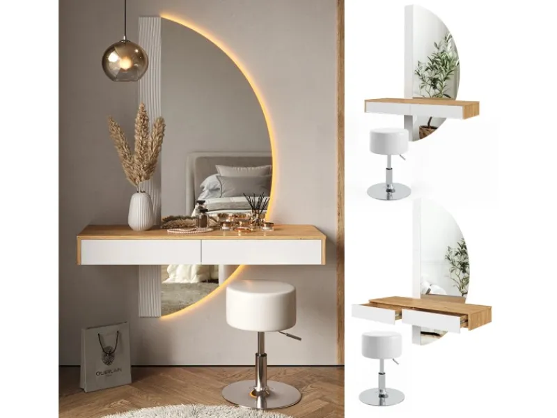 New Vicco Schminktisch Melisa Weiß/Eiche 120 cm mit LED Beleuchtung und Hocker