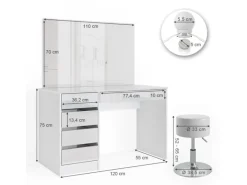 Vicco Schminktisch Sherry Weiß 55 cm mit LED Beleuchtung und Hocker