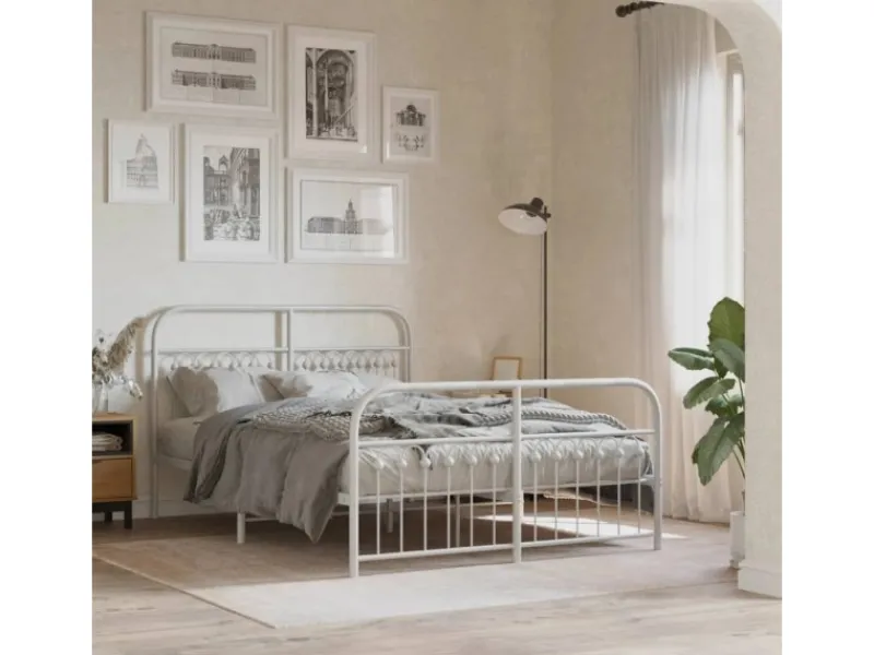 Outlet vidaXL Bettgestell mit Kopf- und Fußteil Metall 137x190 cm 376666 Weiß