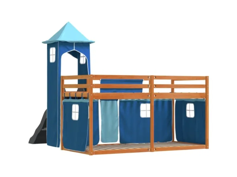 Online vidaXL Etagenbett mit Rutsche und Gardinen Blau 90x200 cm2097616