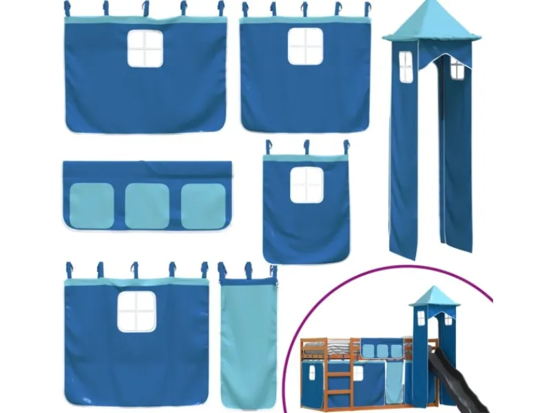 Online vidaXL Etagenbett mit Rutsche und Gardinen Blau 90x200 cm2097616