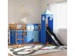 Online vidaXL Etagenbett mit Rutsche und Gardinen Blau 90x200 cm2097616