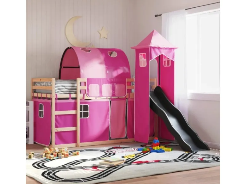 Best vidaXL Etagenbett mit Rutsche und Gardinen Rosa 80x200 cm2101526