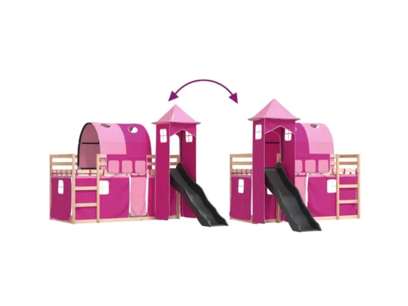 Best vidaXL Etagenbett mit Rutsche und Gardinen Rosa 80x200 cm2101526