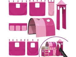 Best vidaXL Etagenbett mit Rutsche und Gardinen Rosa 80x200 cm2101526