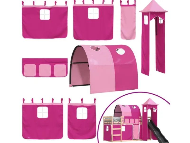 Best vidaXL Etagenbett mit Rutsche und Gardinen Rosa 80x200 cm2101526