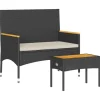 vidaXL Gartenbank 2-Sitzer mit Kissen und Tisch Schwarz Poly Rattan