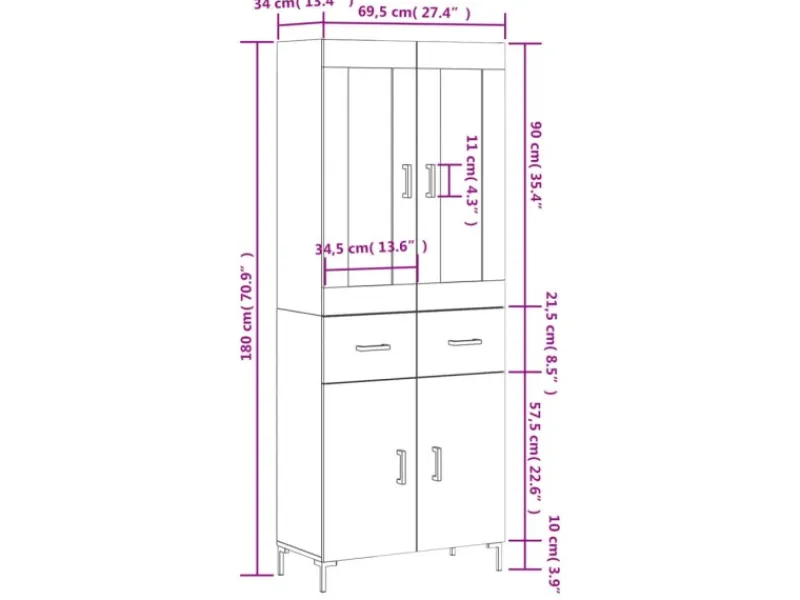 vidaXL Highboard Räuchereiche 69,5x34x180 cm Holzwerkstoff 3198534
