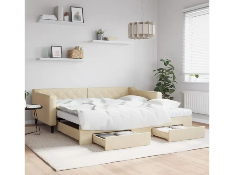 vidaXL Tagesbett Ausziehbar mit Schubladen Creme 100x200 cm Stoff1884542