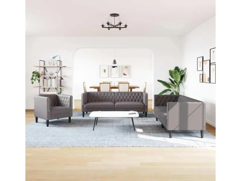 Best vidaXL 3-Tlg Chesterfield-Sofa-Set Kunstleder 3209270 Grau