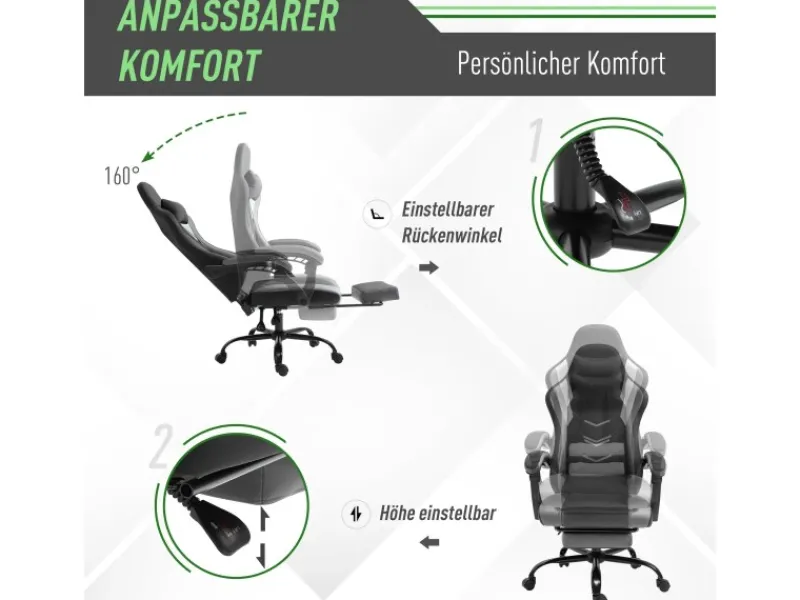 Vinsetto Ergonomischer Gaming Stuhl Höhenverstellbar 62x52x128 cm