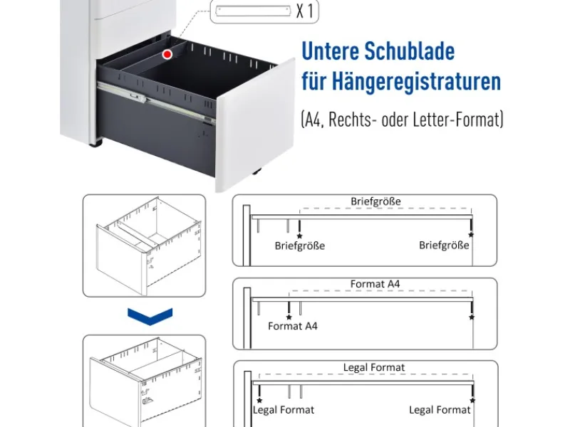 Vinsetto Rollcontainer mit 3 Schubladen Aufbewahrung Stahl Weiß 39 x 48 x 59 cm