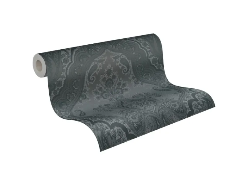 Clearance AS-Creation Vliestapete Barock Ornament Glänzend Glatt Schwarz Dunkelgrau FSC®