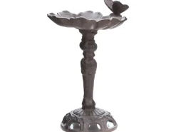 Vogeltränke Blüte mit Schmetterling und Standfuß aus Gusseisen in Braun 27 cm