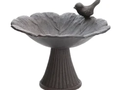 Vogeltränke in Blüten-Form mit Vogel aus Gusseisen in Dunkelbraun 18,5 cm